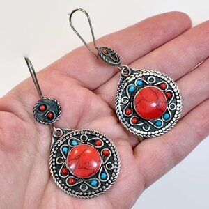 Red Earrings, Afghan, Middle Eastern, Boho, Vintage, Red Jasper, Composite Stone